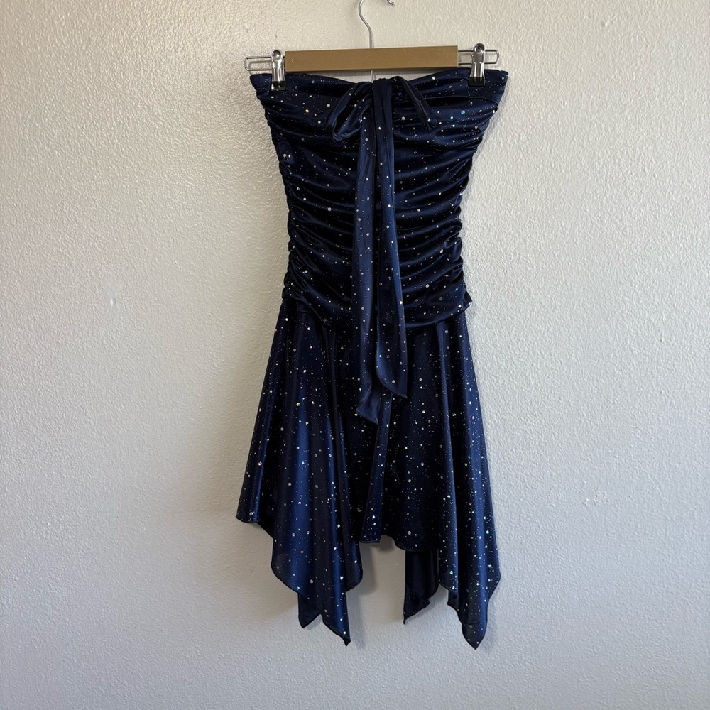 Vintage Y2K Taboo Navy Blue Silver Dotted Strapless Mini Dress Whimsigoth Fairy